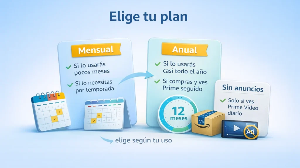 Comparaci&oacute;n visual de plan mensual vs anual de Amazon Prime y opci&oacute;n sin anuncios seg&uacute;n tu uso