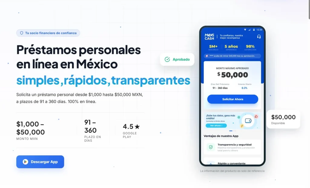 Captura de pantalla del sitio web oficial mexicash.