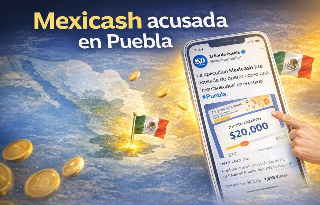 Portada: post acusa a Mexicash de &ldquo;montadeudas&rdquo; en Puebla; smartphone con captura y mapa de M&eacute;xico.