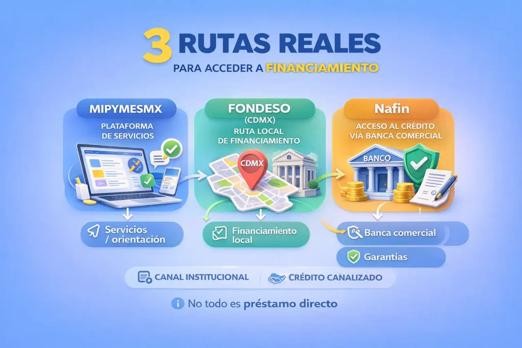 Infograf&iacute;a con 3 rutas: MIPYMESMX, FONDESO y Nafin para financiamiento de negocios en M&eacute;xico
