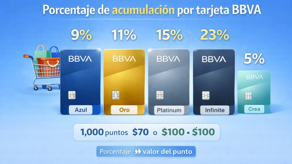 Porcentaje de puntos BBVA Bancomer por tarjeta de cr&eacute;dito BBVA Azul, Oro, Platinum e Infinite