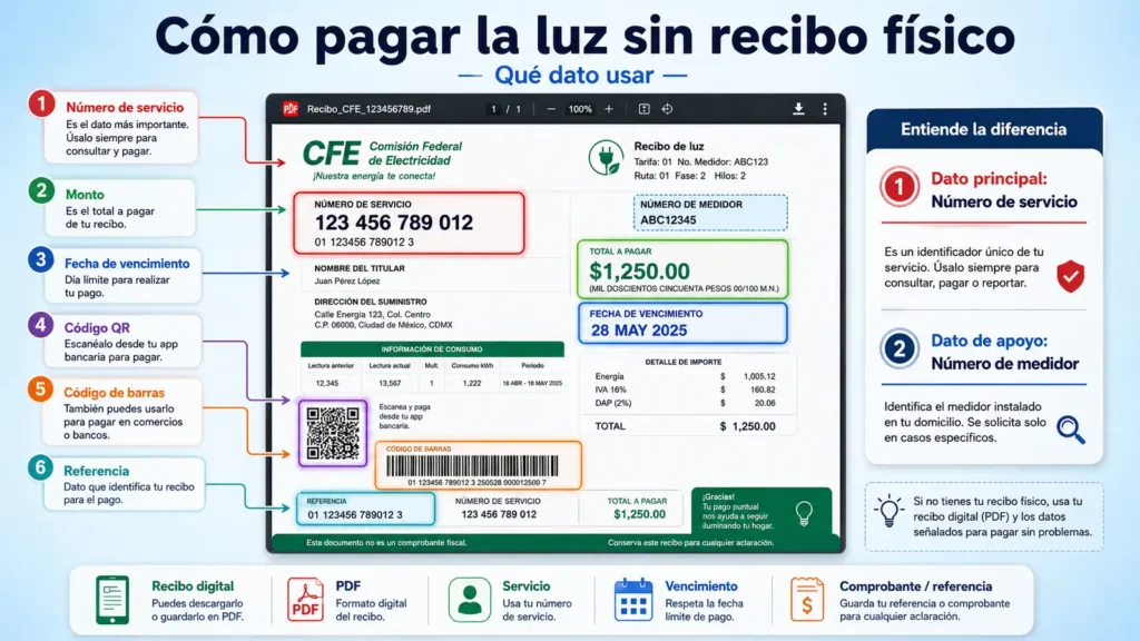 D&oacute;nde encontrar n&uacute;mero de servicio, c&oacute;digo QR y referencia en el recibo CFE
