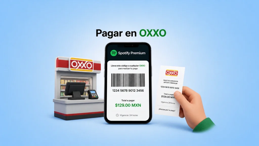 Pagar Spotify en OXXO con c&oacute;digo de barras, efectivo y recibo de pago en tienda
