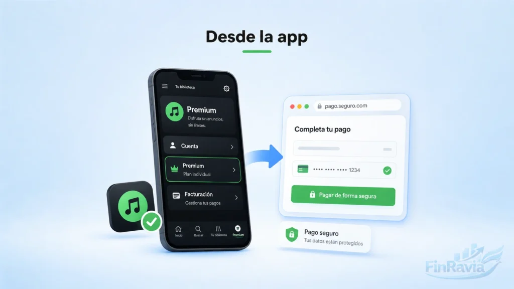 Pagar Spotify desde la app y continuar el proceso en checkout web seguro