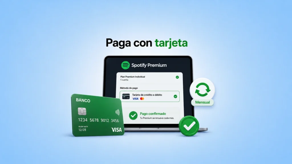 Pagar Spotify con tarjeta de cr&eacute;dito o d&eacute;bito y confirmar la suscripci&oacute;n mensual en l&iacute;nea