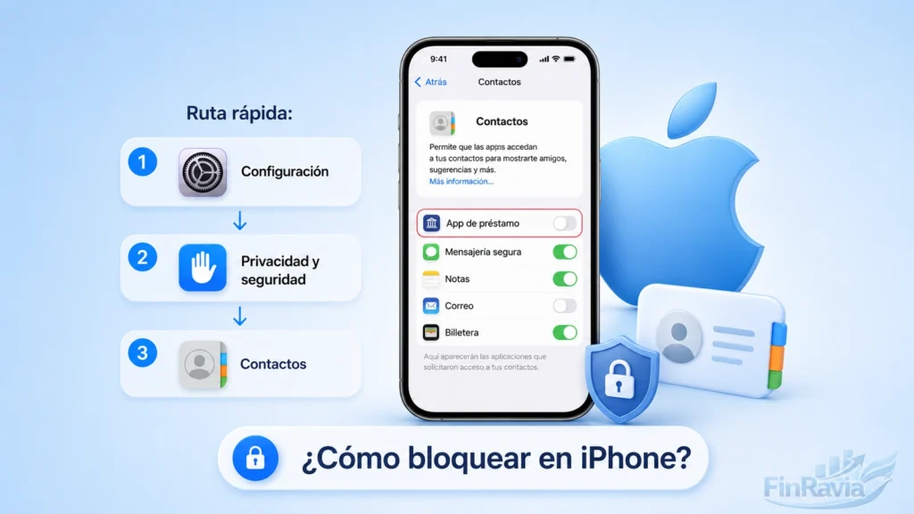 Acceso a contactos desactivado para una app financiera en iPhone