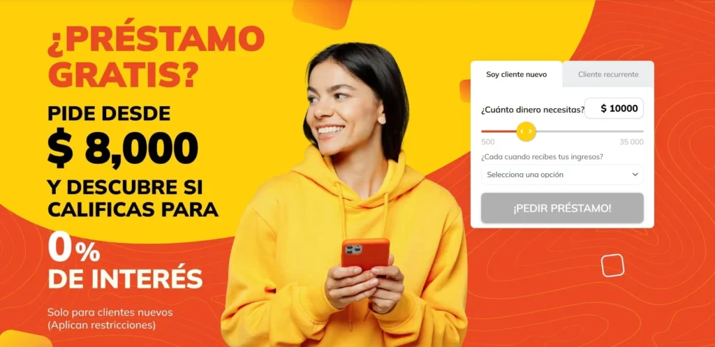 Prestomin préstamos: pantalla principal con simulador de crédito, promoción de 0% de interés para clientes nuevos y monto desde $8,000 MXN.