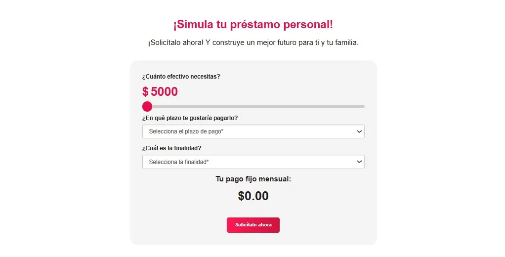 Formulario de solicitud de préstamo personal en el sitio oficial de Financiera Monte de Piedad, con campos para monto, plazo y datos personales.