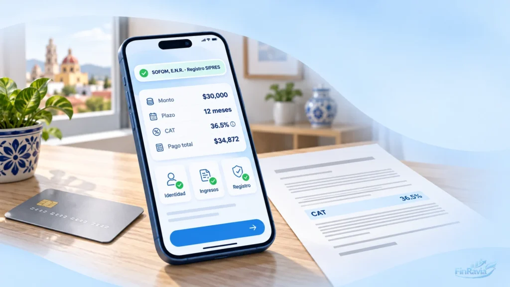 Apps de pr&eacute;stamos sin bur&oacute;: oferta con monto, plazo, CAT y pago total en una app registrada en el SIPRES de la CONDUSEF.