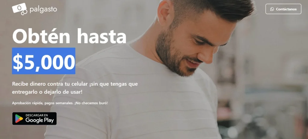 Página oficial de Palgasto con la oferta de préstamo de hasta $5,000 contra tu celular, pagos semanales y descarga en Google Play