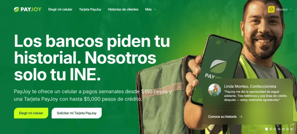 Qué es PayJoy: página de PayJoy México con celular a pagos semanales desde $150 y Tarjeta PayJoy con hasta $5,000 de crédito.