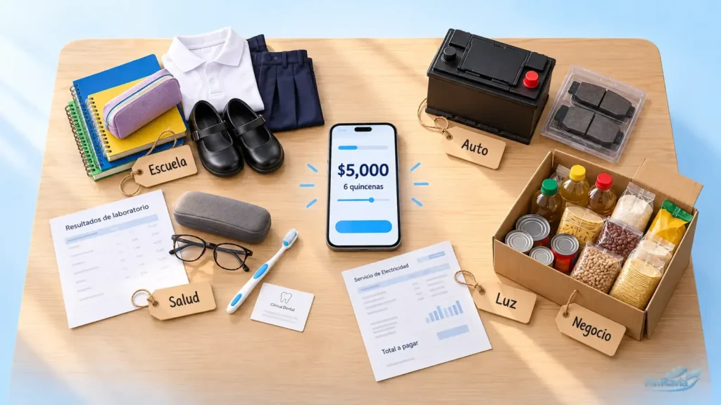 &Uacute;tiles escolares, bater&iacute;a de auto, estudios de laboratorio, recibo de luz e inventario de una tiendita alrededor de un celular con un pr&eacute;stamo de 5000 pesos aprobado en 6 quincenas.