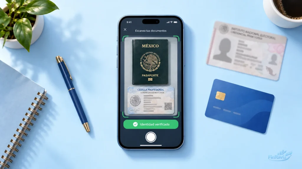 Pasaporte y c&eacute;dula profesional junto a un celular que valida la identidad para un pr&eacute;stamo sin INE.