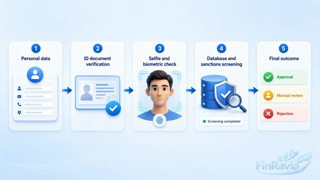 Online identity verification process from personal data and ID document check to approval or manual review