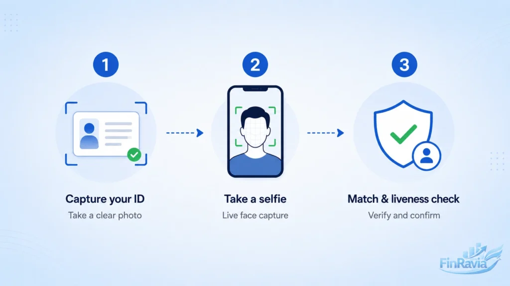 Infographic showing the three steps of selfie ID verification: capture your ID, take a live selfie, and match with a liveness check