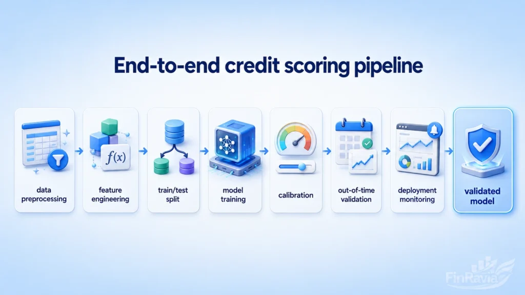 End-to-end credit scoring implementation pipeline from data preprocessing to model training, validation and deployment.