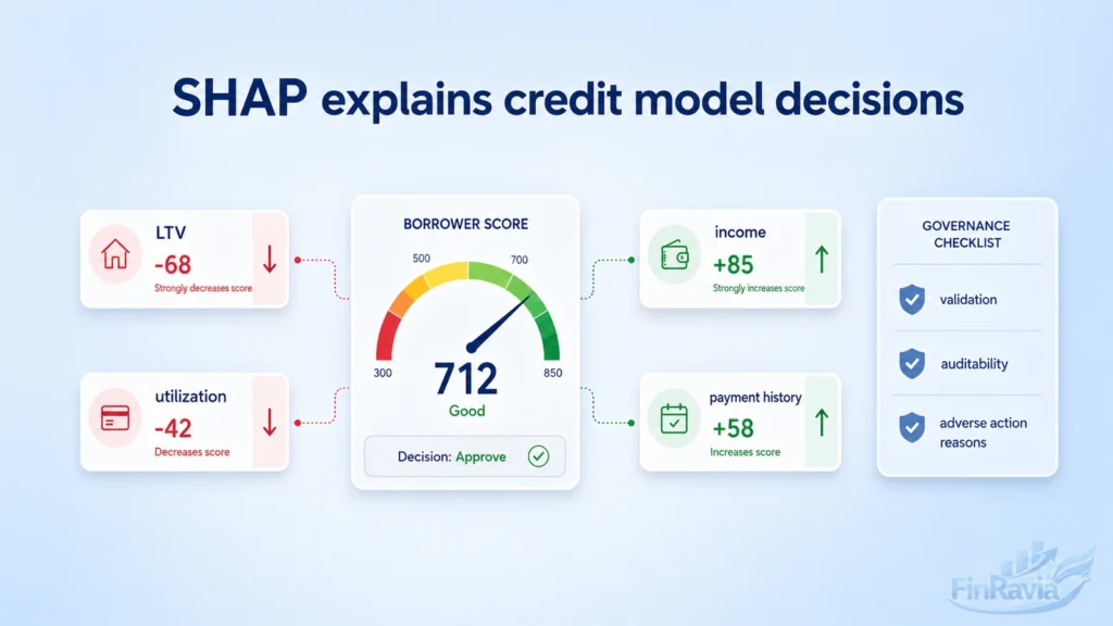 SHAP explainability for credit scoring model showing feature contributions, borrower score and model governance checks.